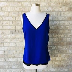 Cache Cobolt Blue V-Neck Sleeveless Lined Blouse with Black Trim